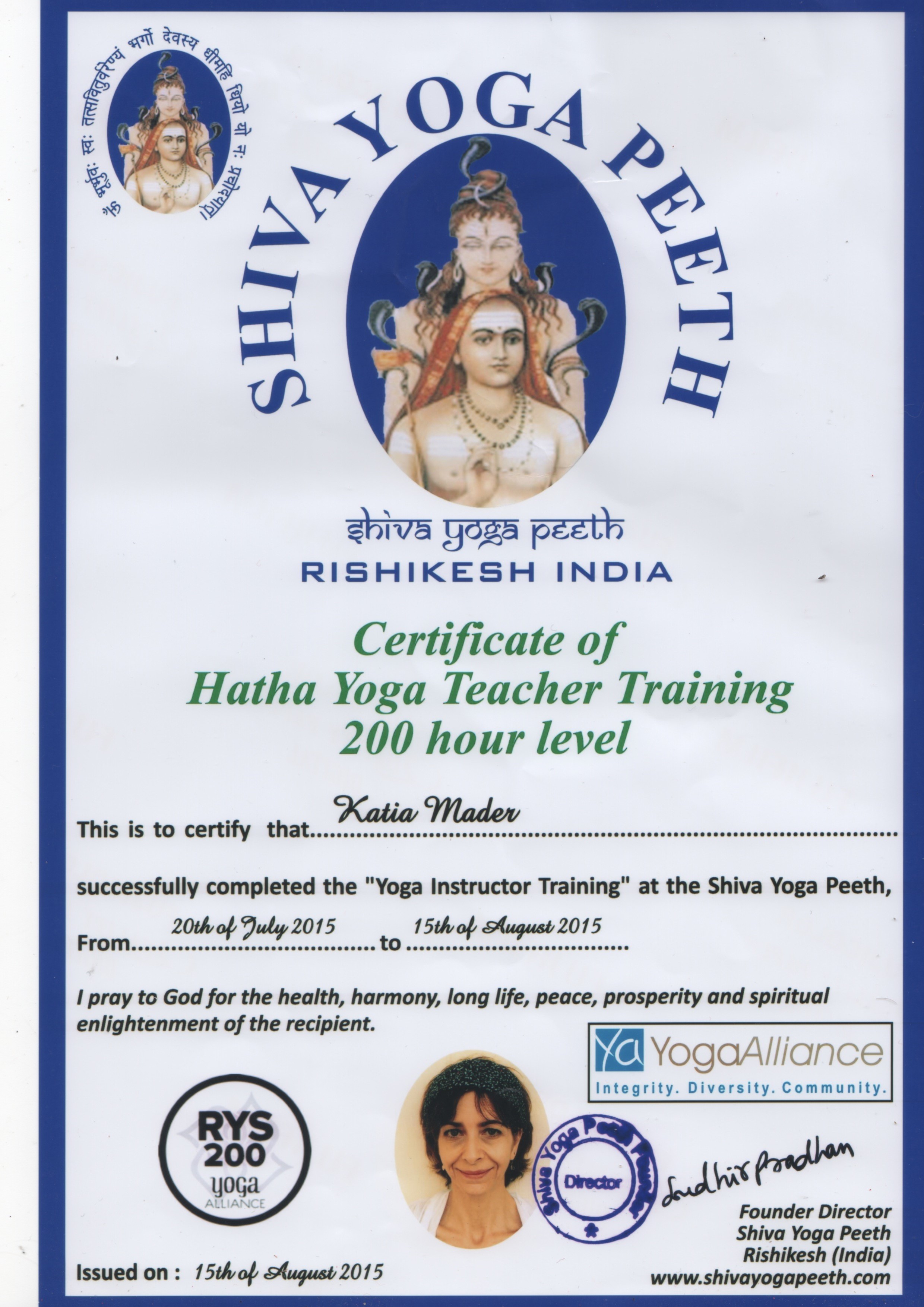 Certificat Yoga Rishikesh India Katia Mader